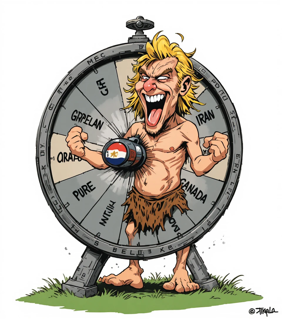Cartoon caveman leader spinning a dangerous world fortune wheel