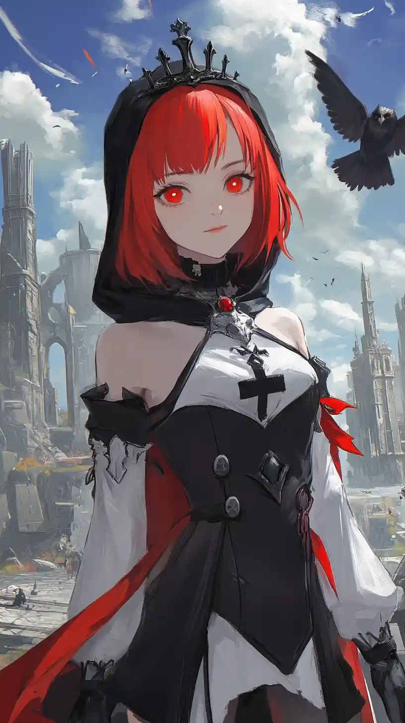 Anime girl with scythe crossing bridge to ruined fantasy castle