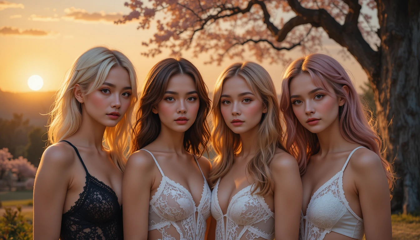 Four young women in lingerie at sunset garden