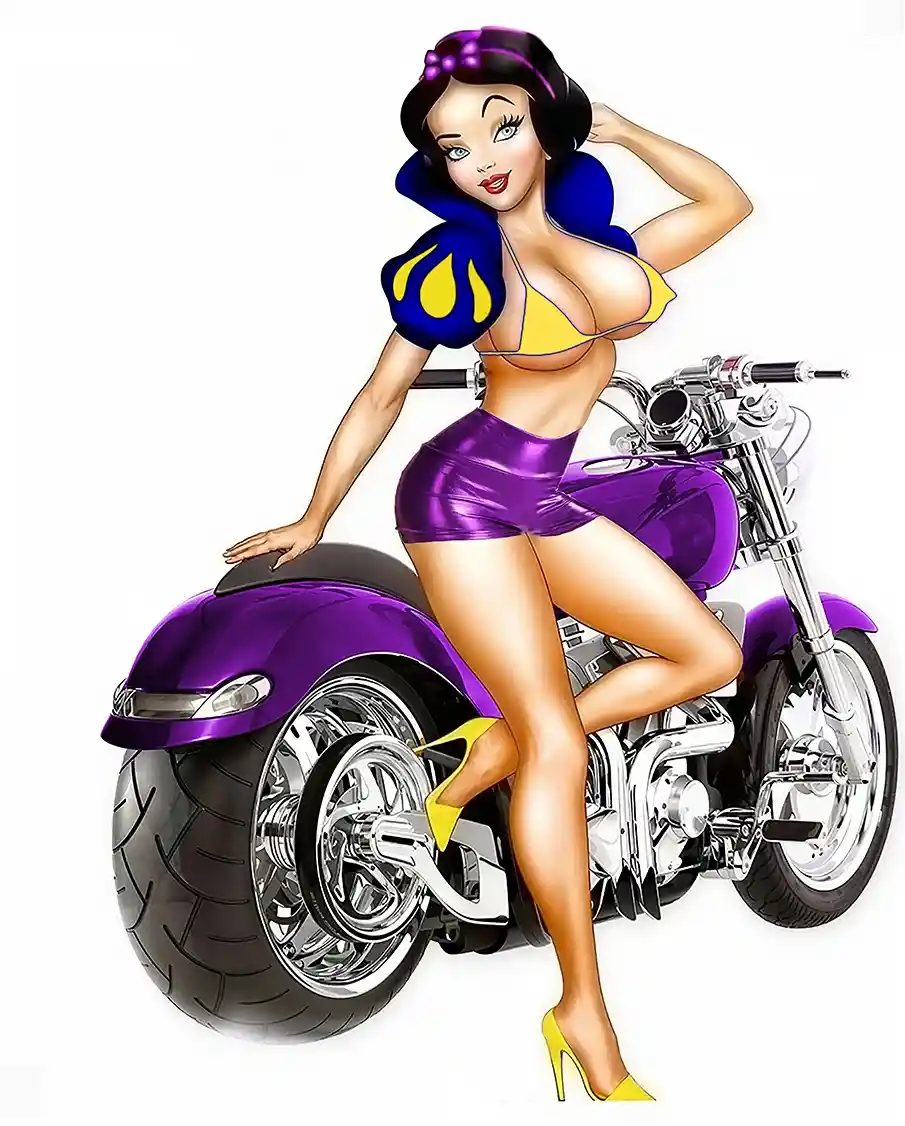 Anime girl posing beside a sleek purple motorcycle