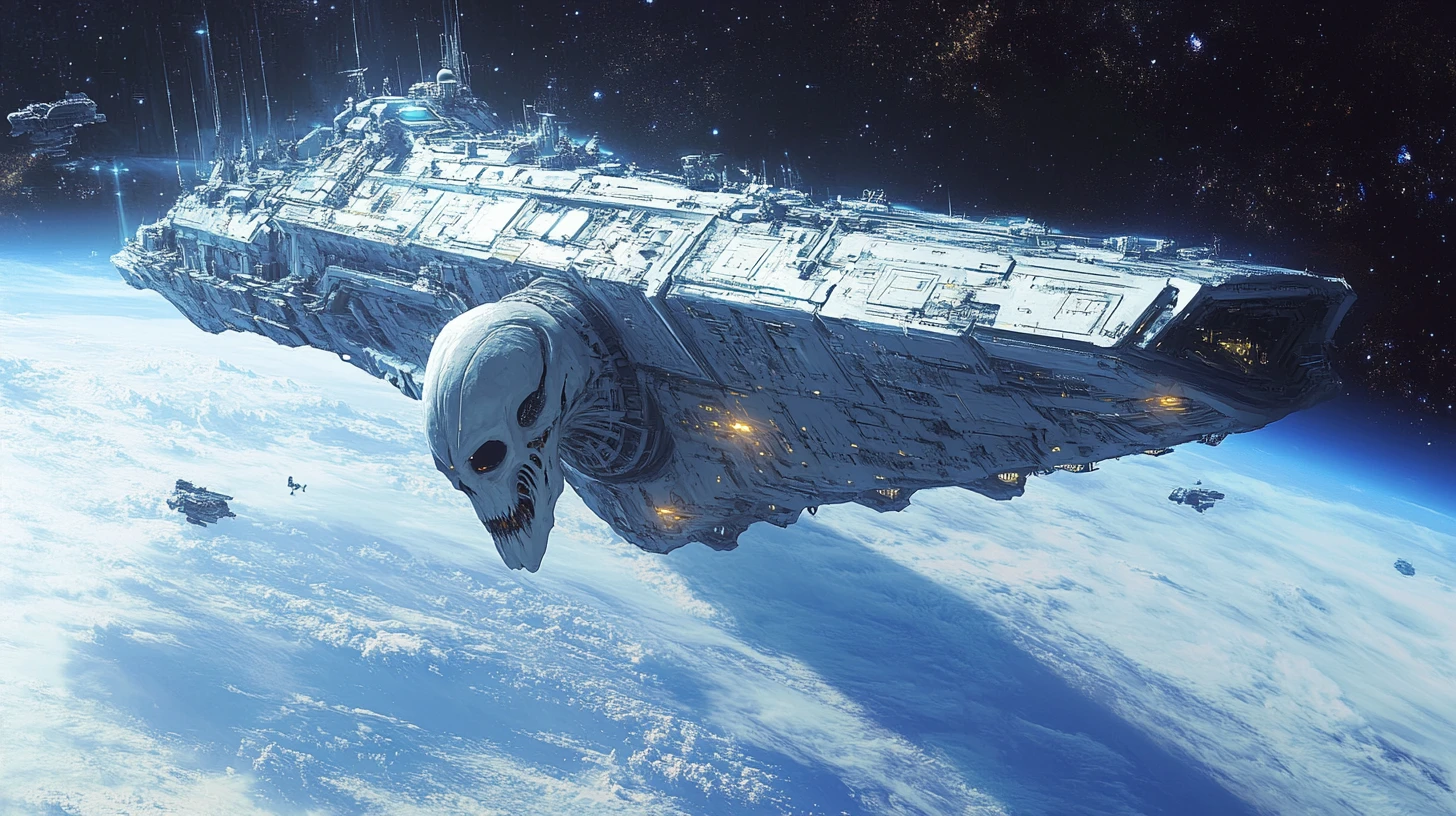 Gigantic Alien Command Ship Over Blue Planet Invasion