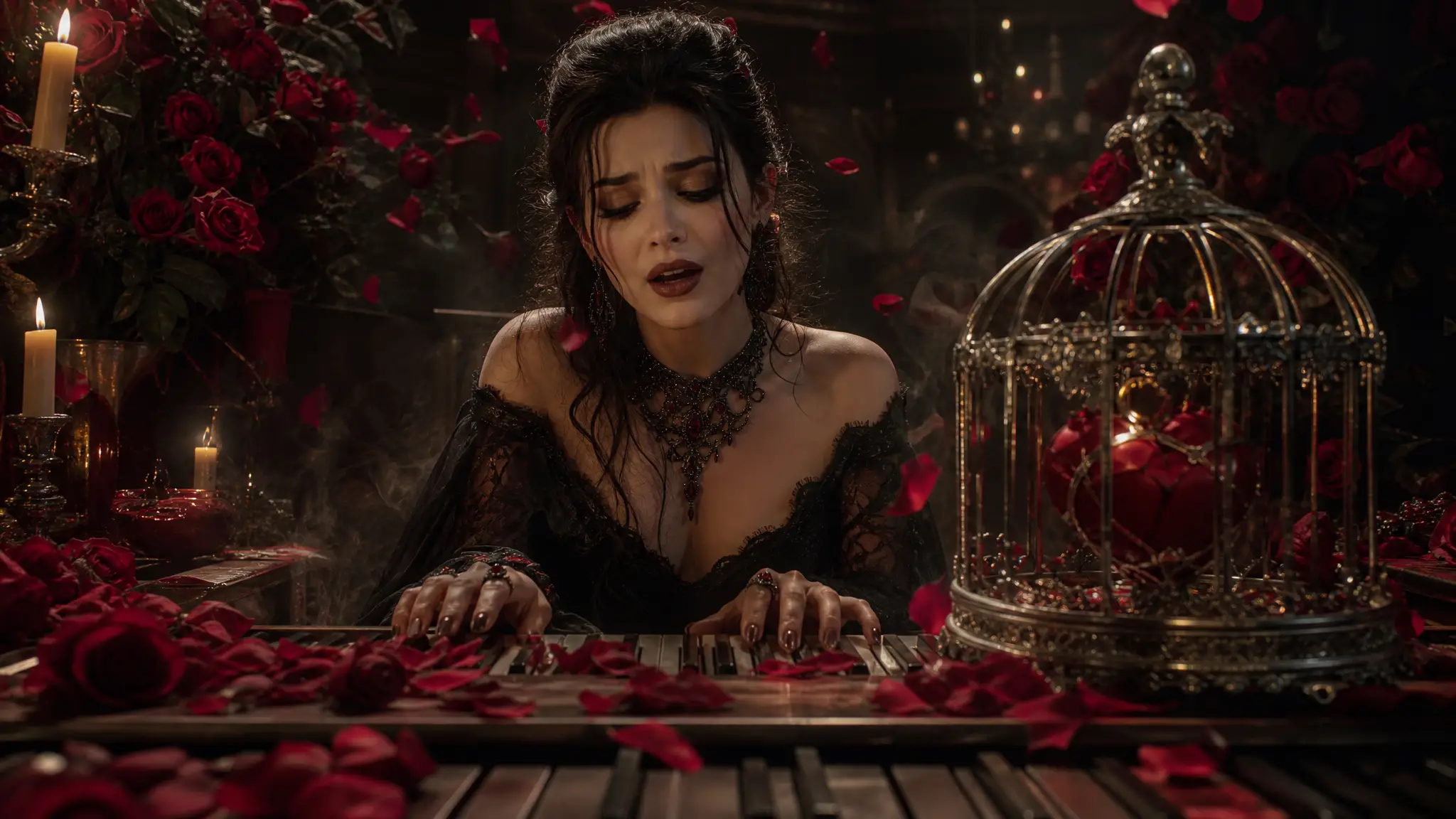 Woman at piano surrounded by roses and candle smoke