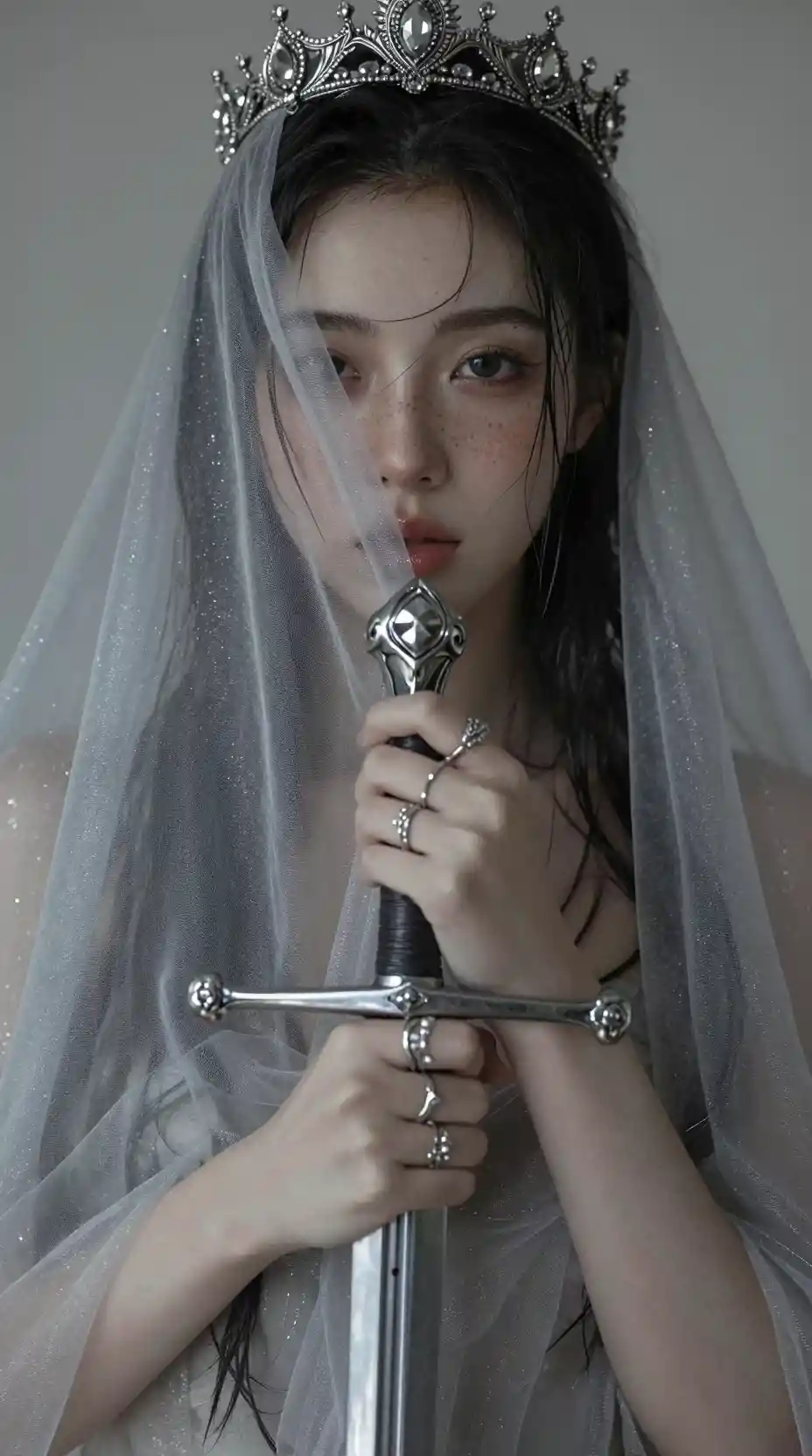 Veiled woman holding ornate sword in soft silver light