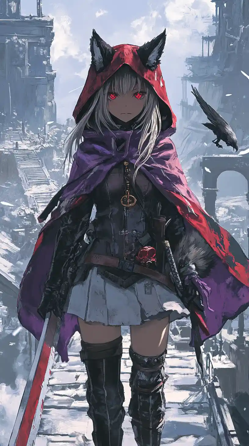 Anime girl with halberd crossing bridge to ruined fantasy castle