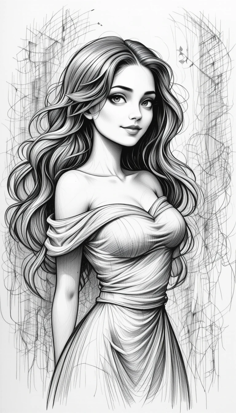 Pencil sketch of a smiling girl in off shoulder dress