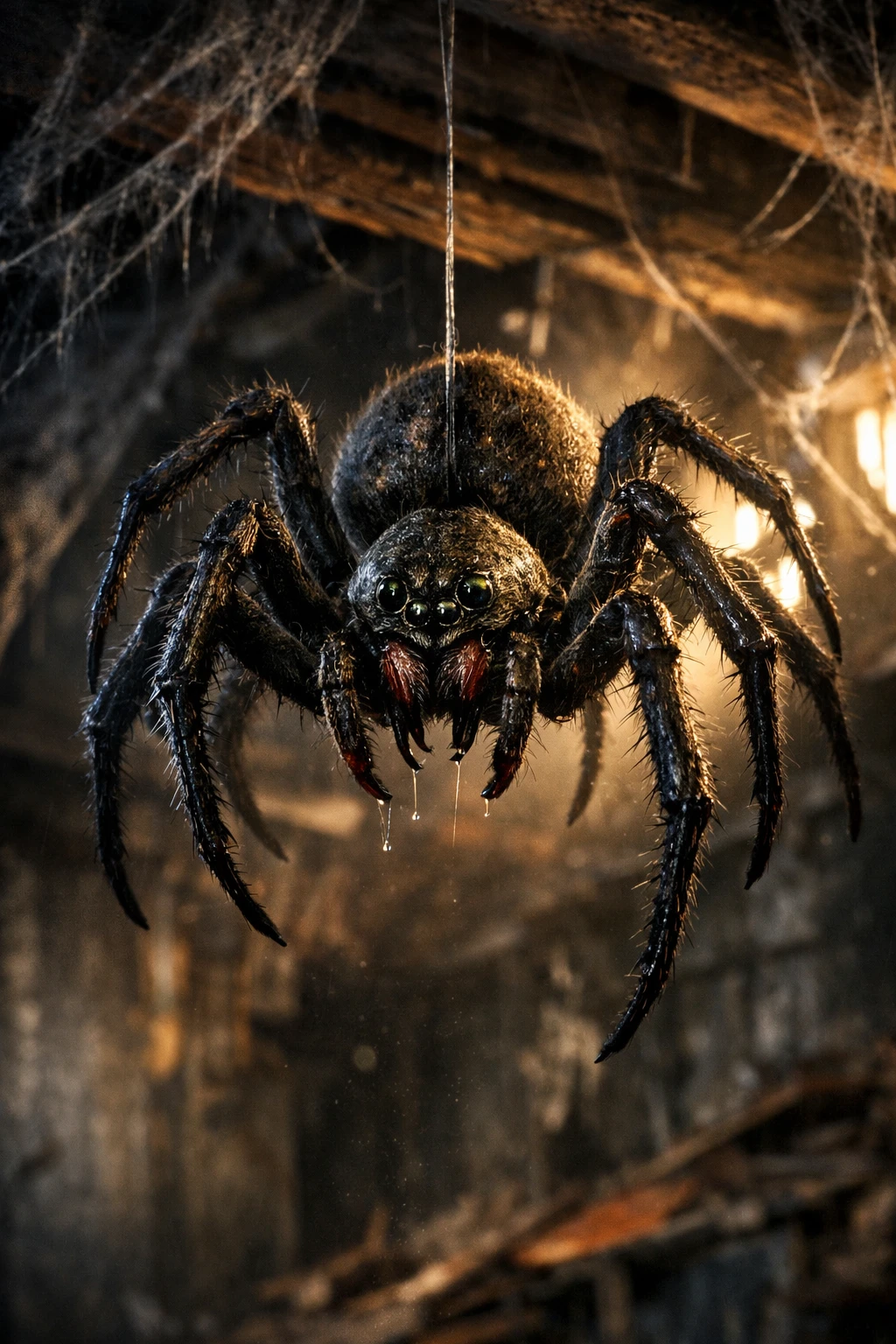 Large spider hanging from a ceiling in dramatic light