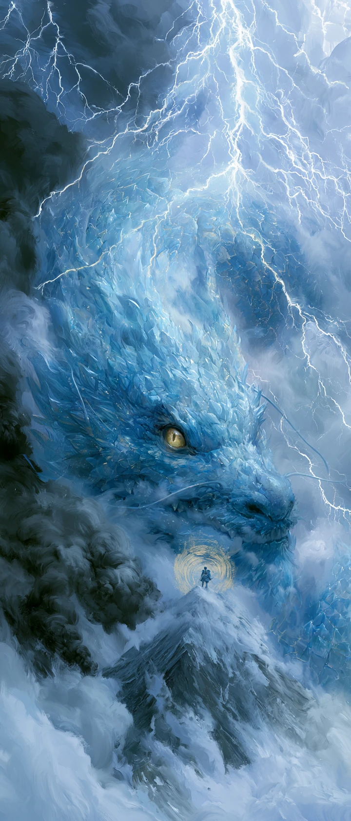 Celestial dragon coiling around a stormy volcanic peak