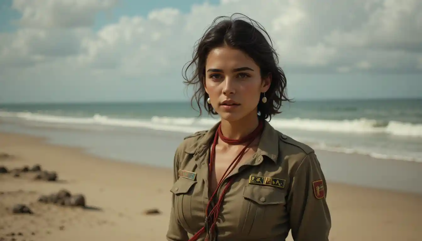Cuban mixed race woman on a beach in torn military clothes