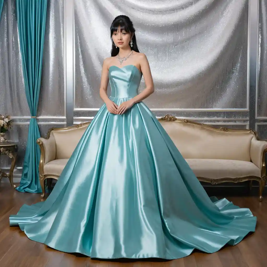 Young woman in bright satin ballgown in elegant room