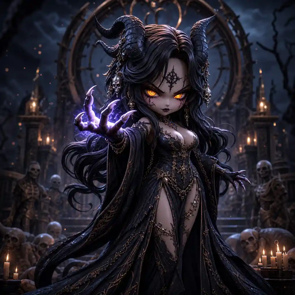 Chibi lich death goddess with glowing eyes and talons
