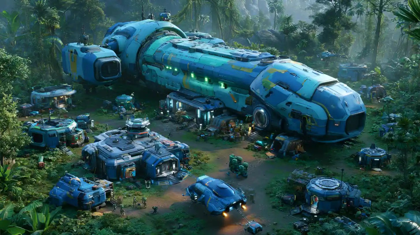 Gigantic alien supply ship unloading an outpost on jungle world