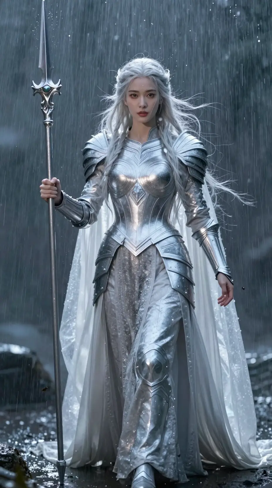 Celestial valkyrie descending through rain with holy spear