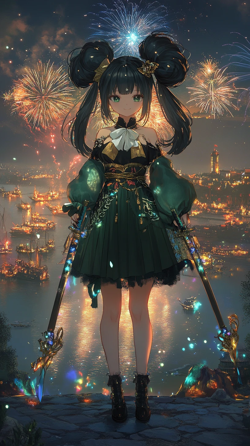 Anime girl posing with ornate knife under night fireworks
