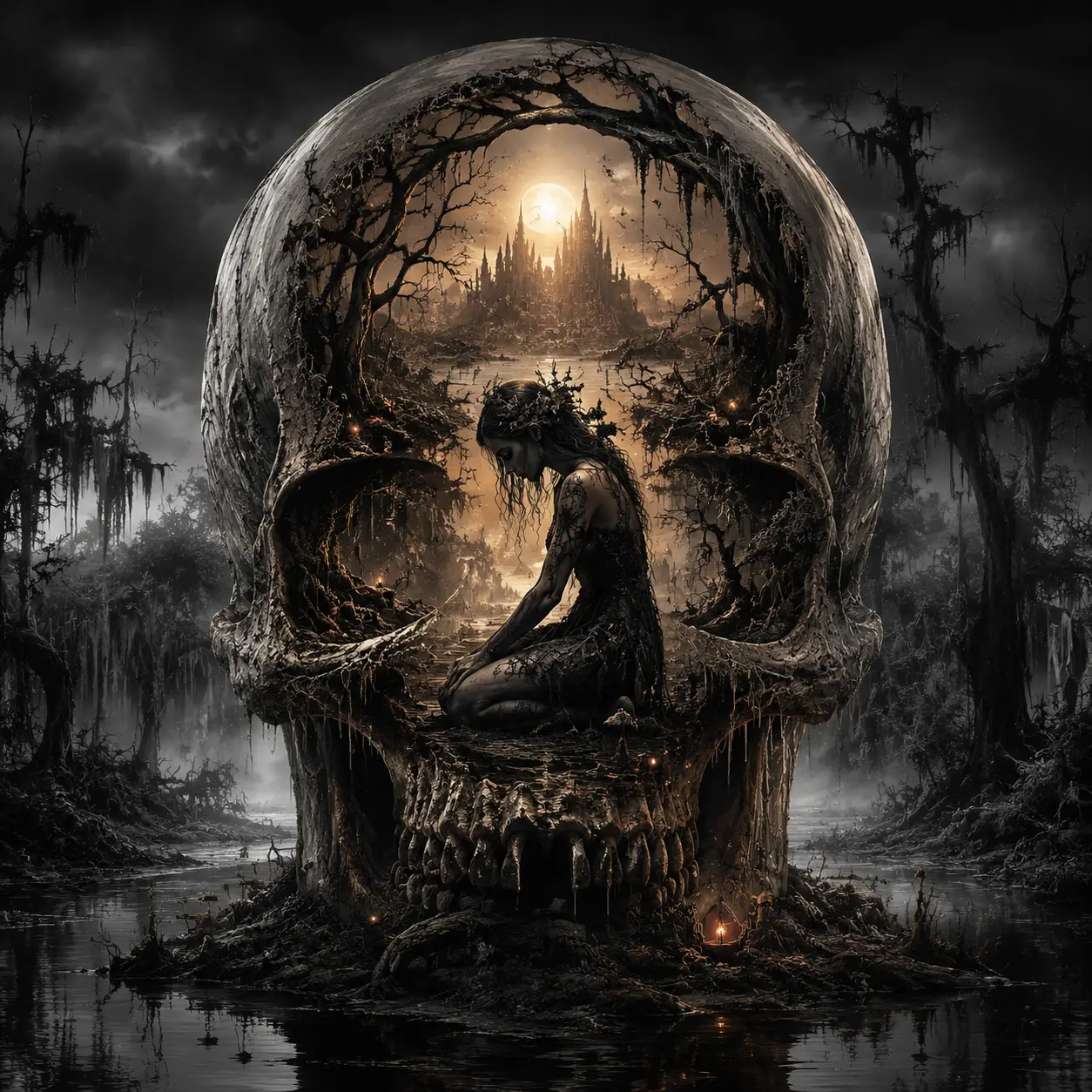 Mystical Woman Kneeling Inside Skull In Dark Swamp