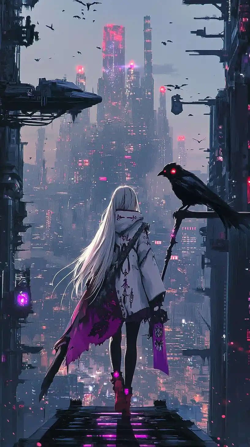 Anime girl with scythe crossing bridge to ruined fantasy castle