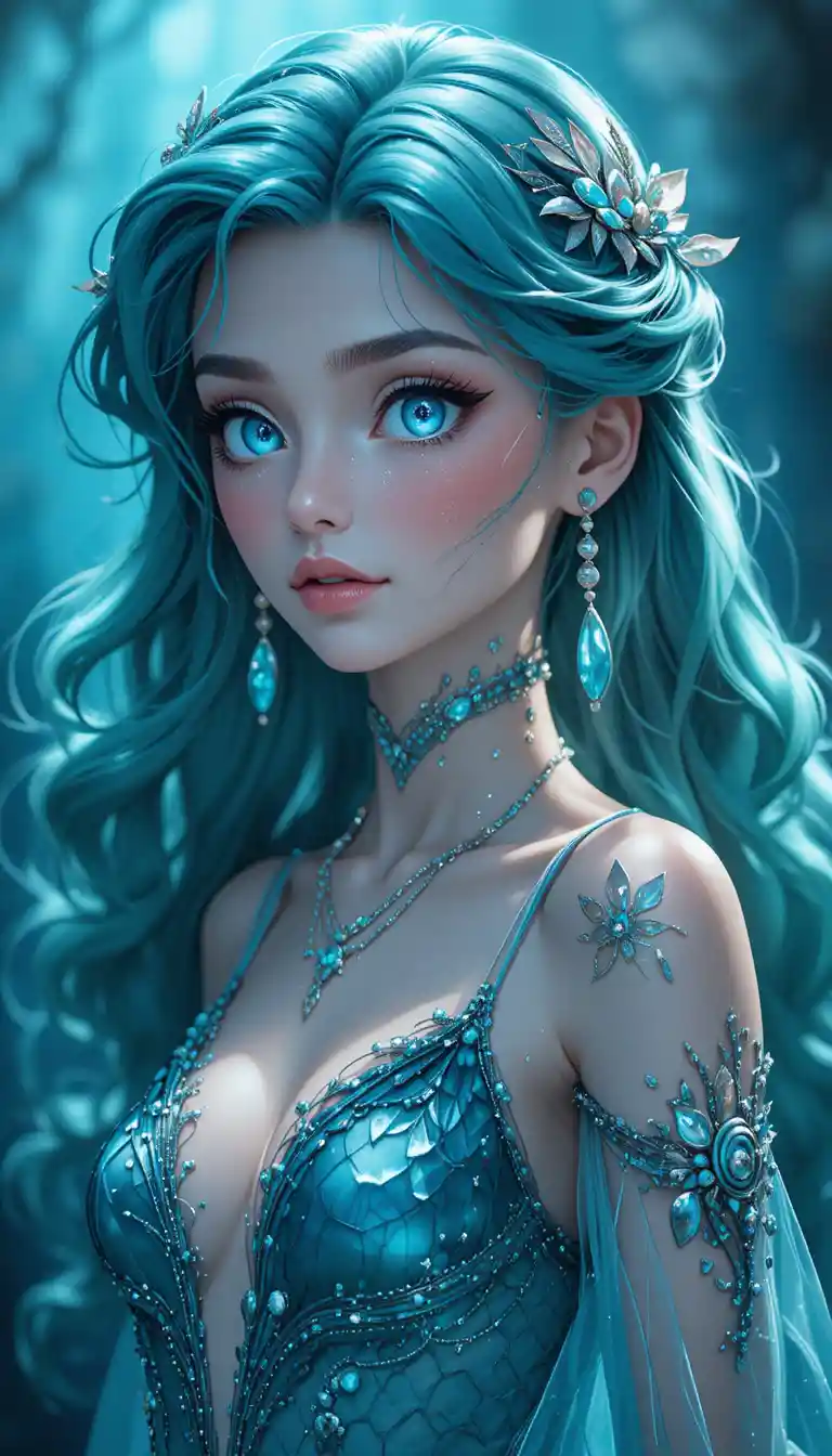 Serene anime mermaid nymph woman in flowing aquatic dress