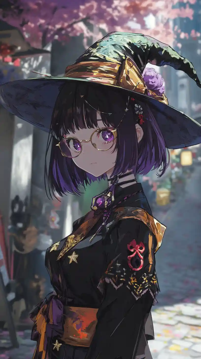 Joyful anime girl at a magical halloween ghost party