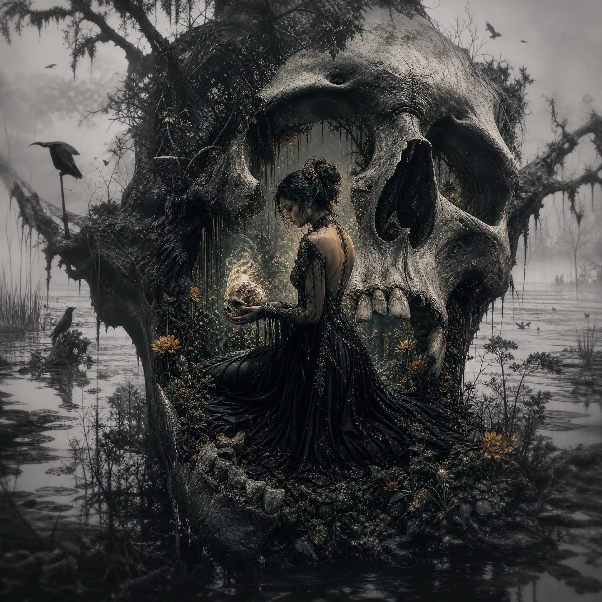 Mystical woman in skull shrine within a dark swamp