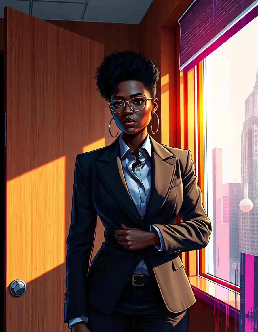 Sad black woman in business suit gazing out window