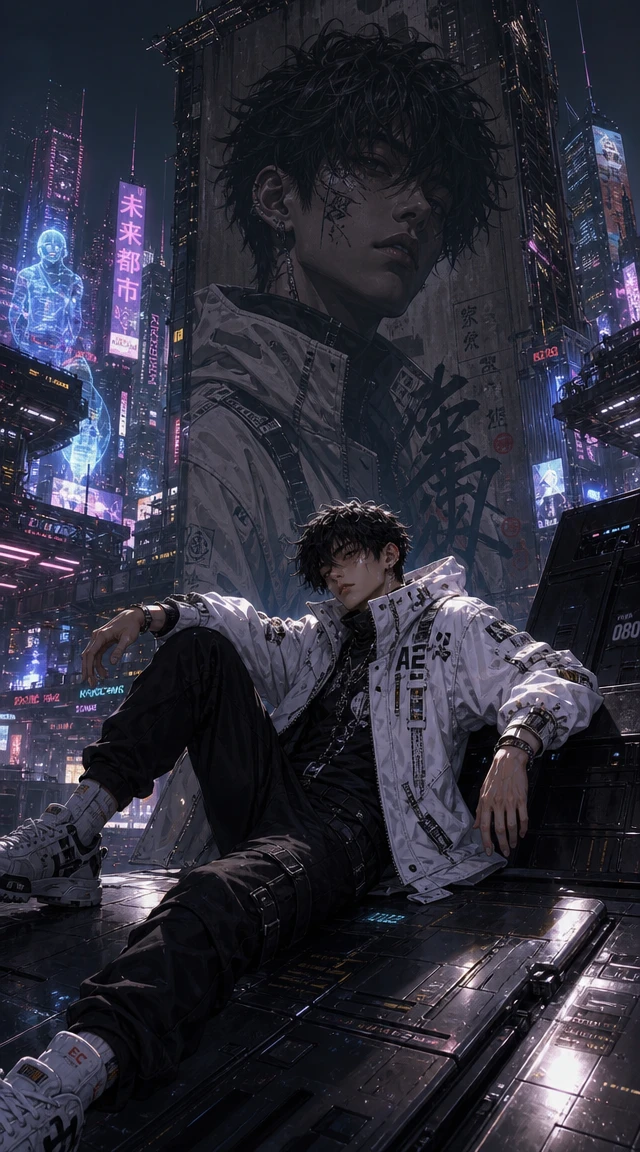 Joven descansando en una plataforma en una ciudad ciberpunk de neón