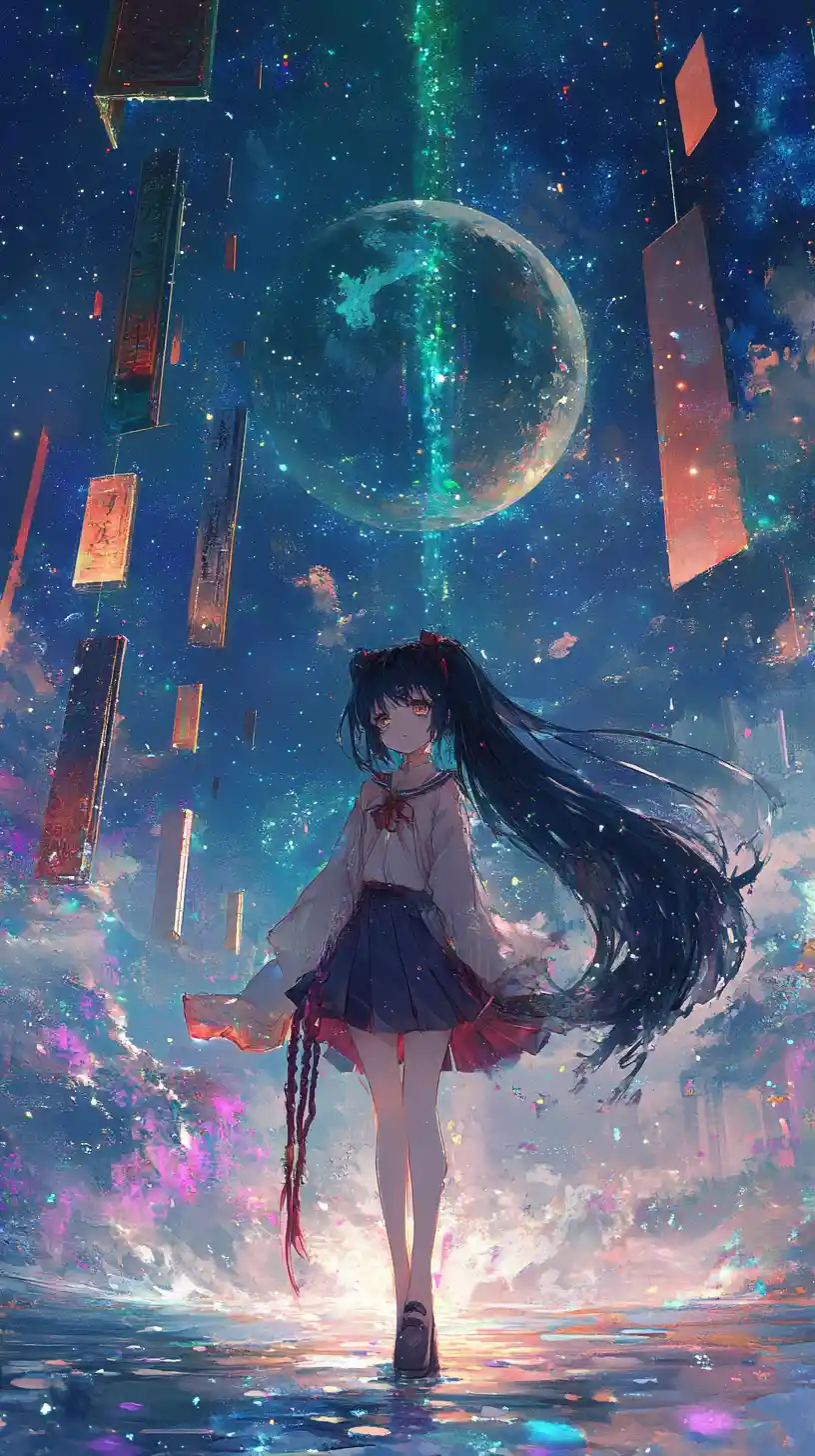 Anime girl floating in space with a colorful ringed planet