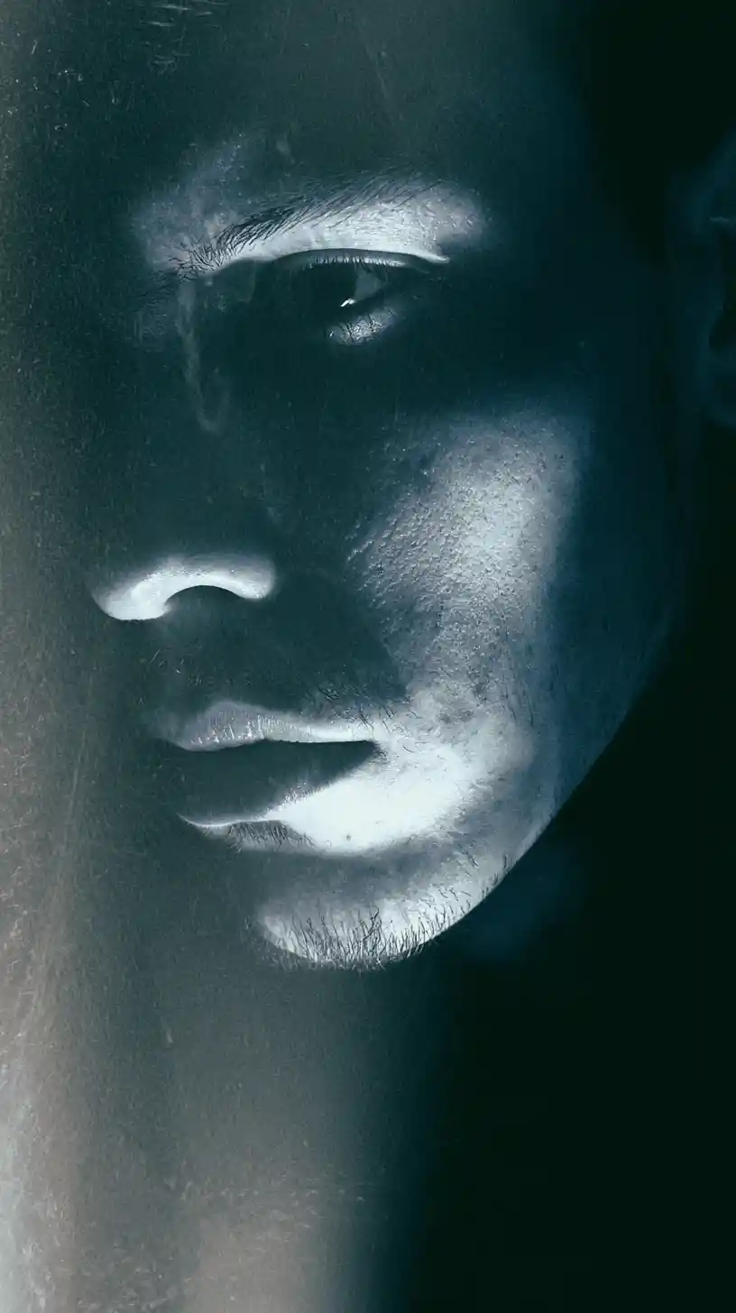 Conflicted figure caught in an intense ego driven moment