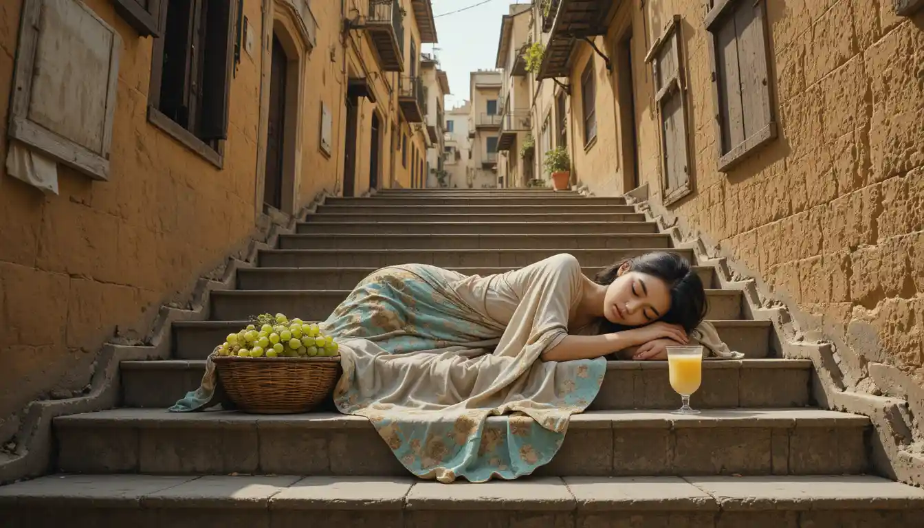 Anamorphic street art of a sleeping woman on alley stairs
