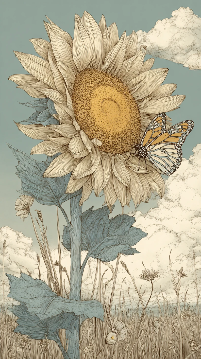 Vintage sunflower illustration with monarch butterfly in bloom