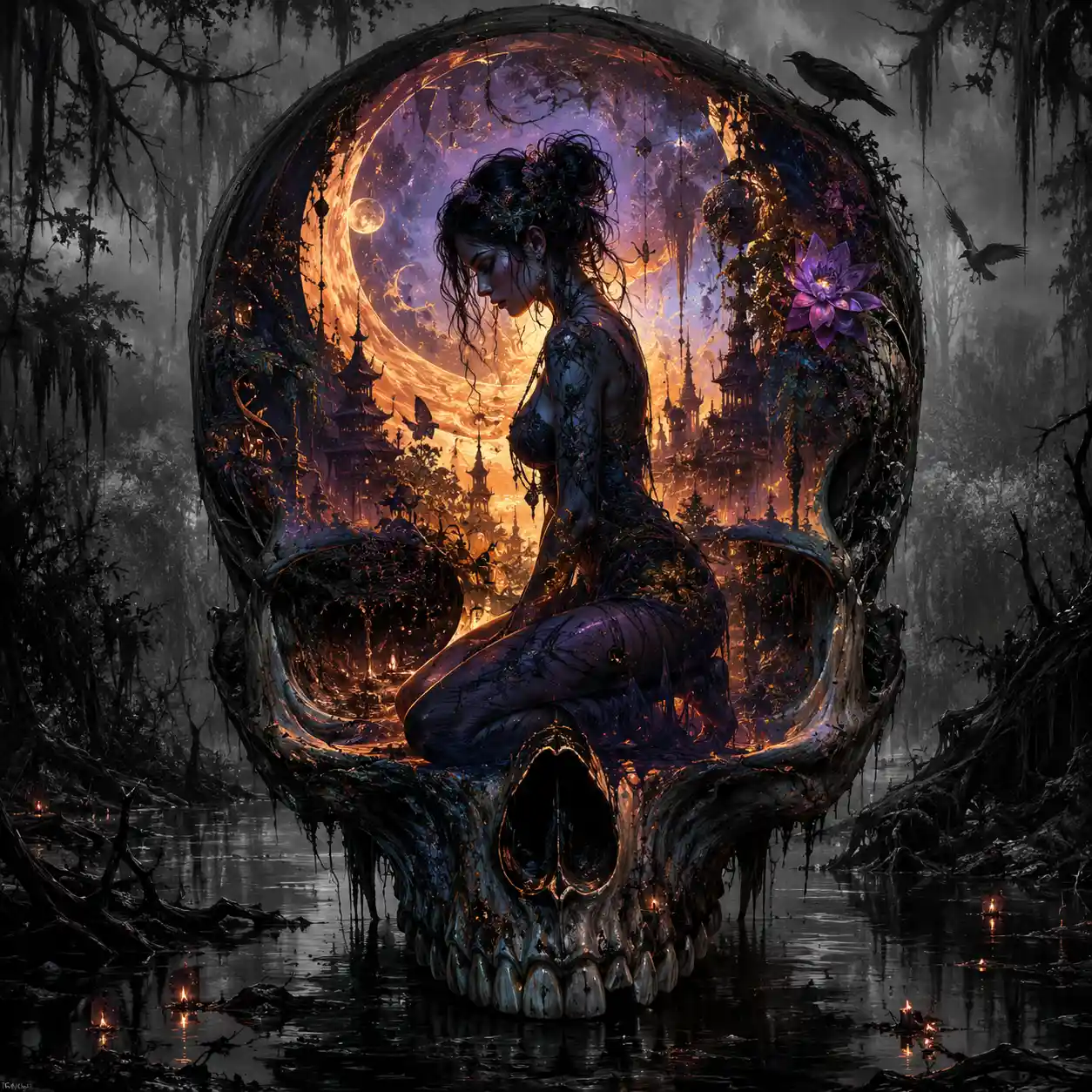Mysterious woman kneeling inside a floating skull silhouette