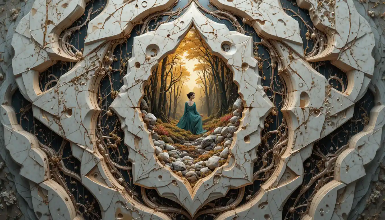 Surreal portrait of a woman with luminous forest visage