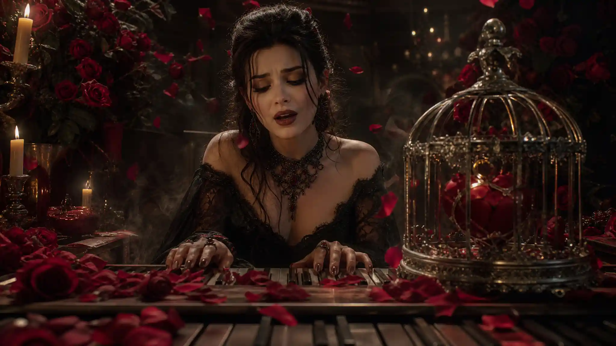 Woman at piano surrounded by roses and candle smoke