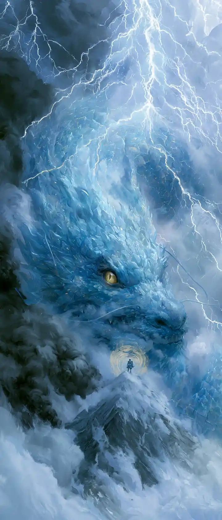 Celestial dragon coiling around a stormy volcanic peak