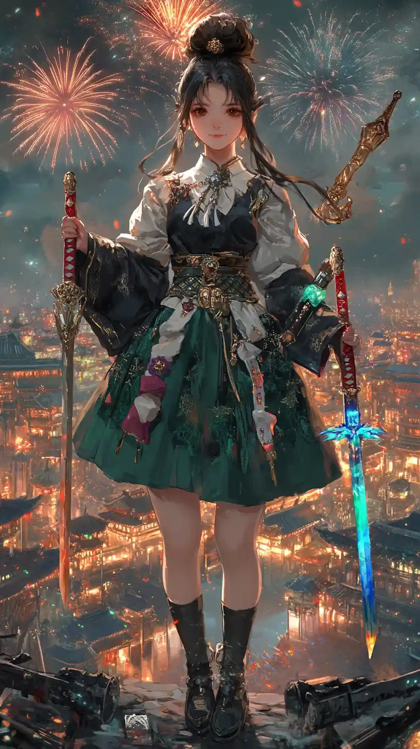 Anime girl attacking with ornate knife amid city fireworks