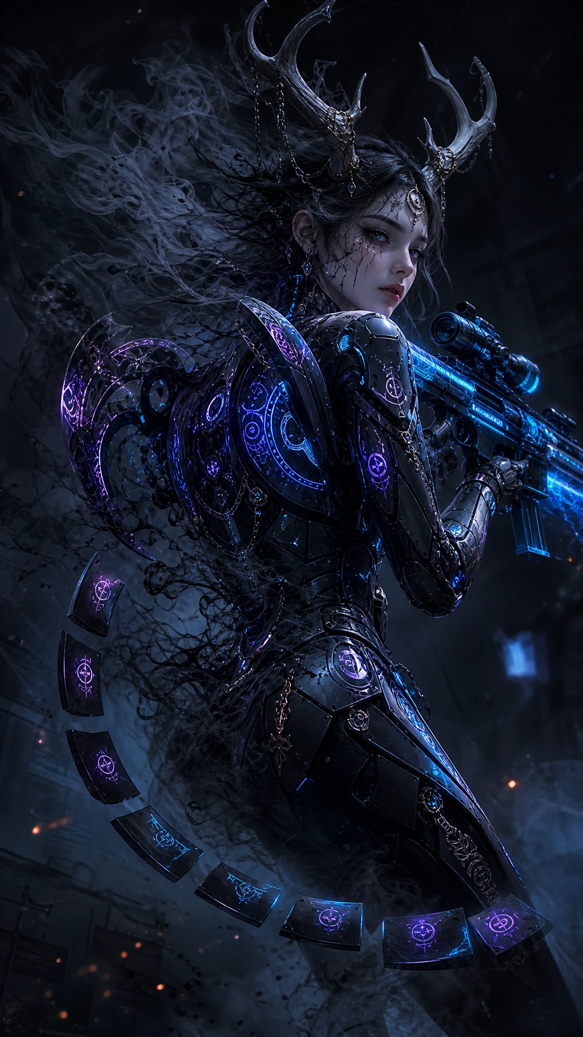 Cyberpunk woman with neon armor and blue sniper rifle