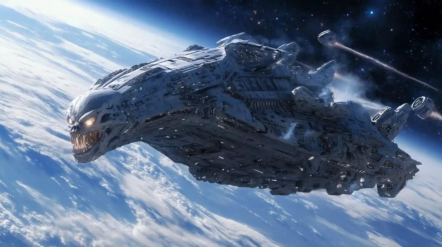 Gigantic Alien Command Ship Over A Besieged Blue Planet