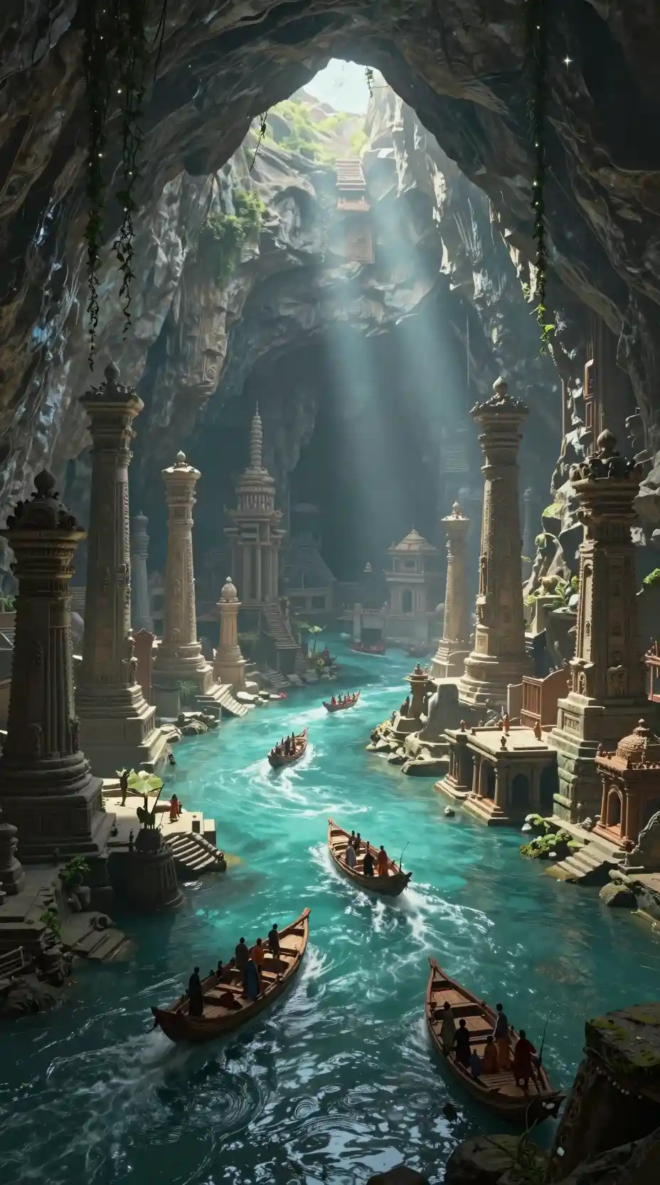 Ancient ruined cave city with turquoise river and boats
