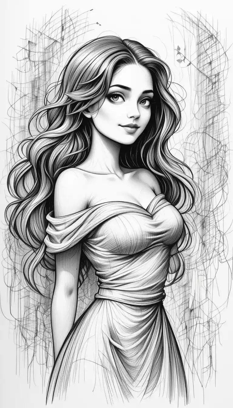Pencil sketch of a smiling girl in off shoulder dress