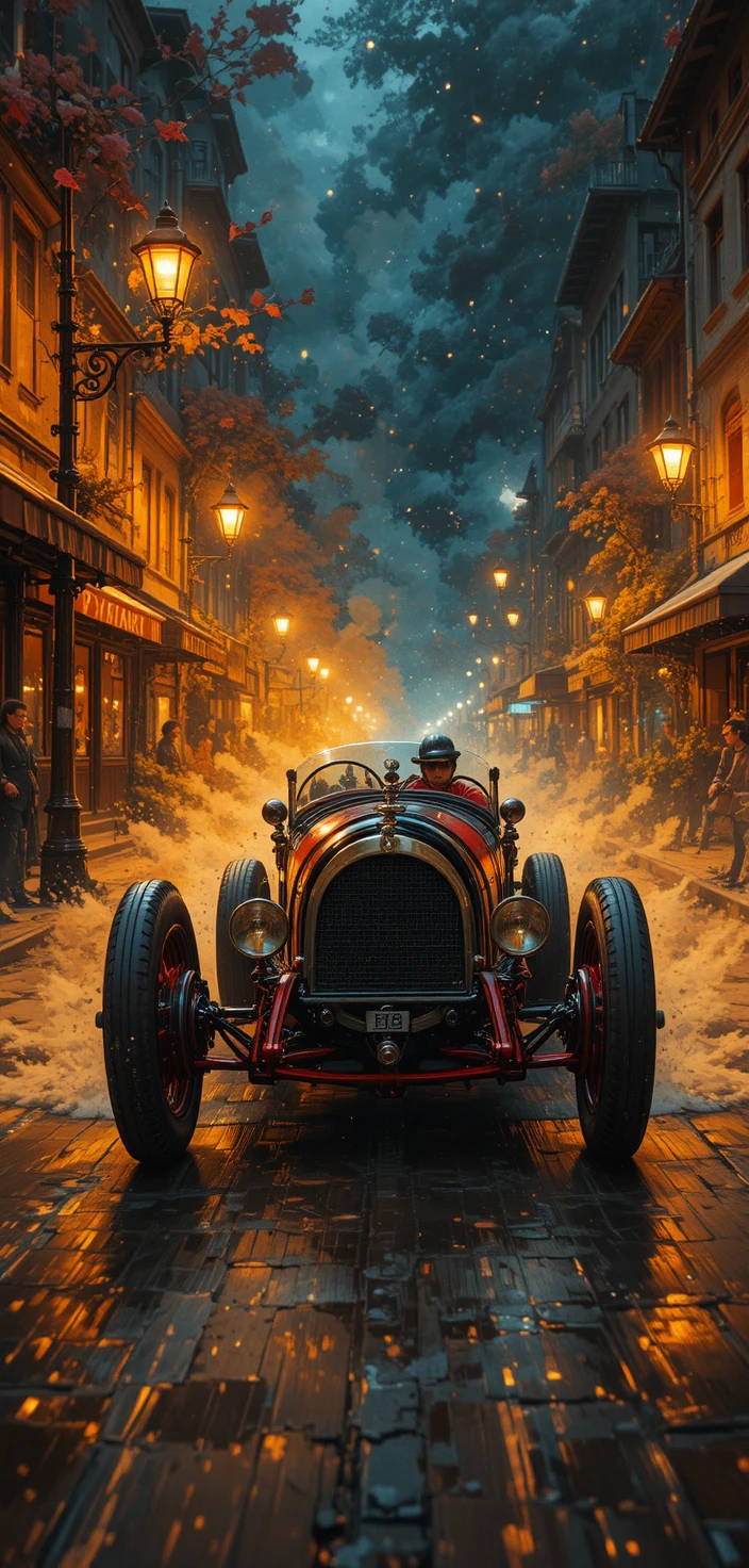 Vintage black racing car speeding through a warm night street