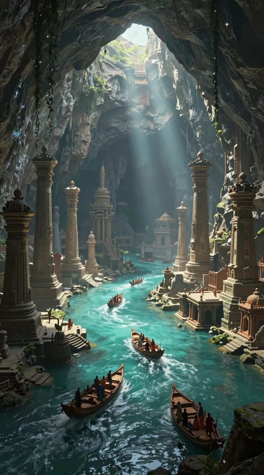 Ancient ruined cave city with turquoise river and boats