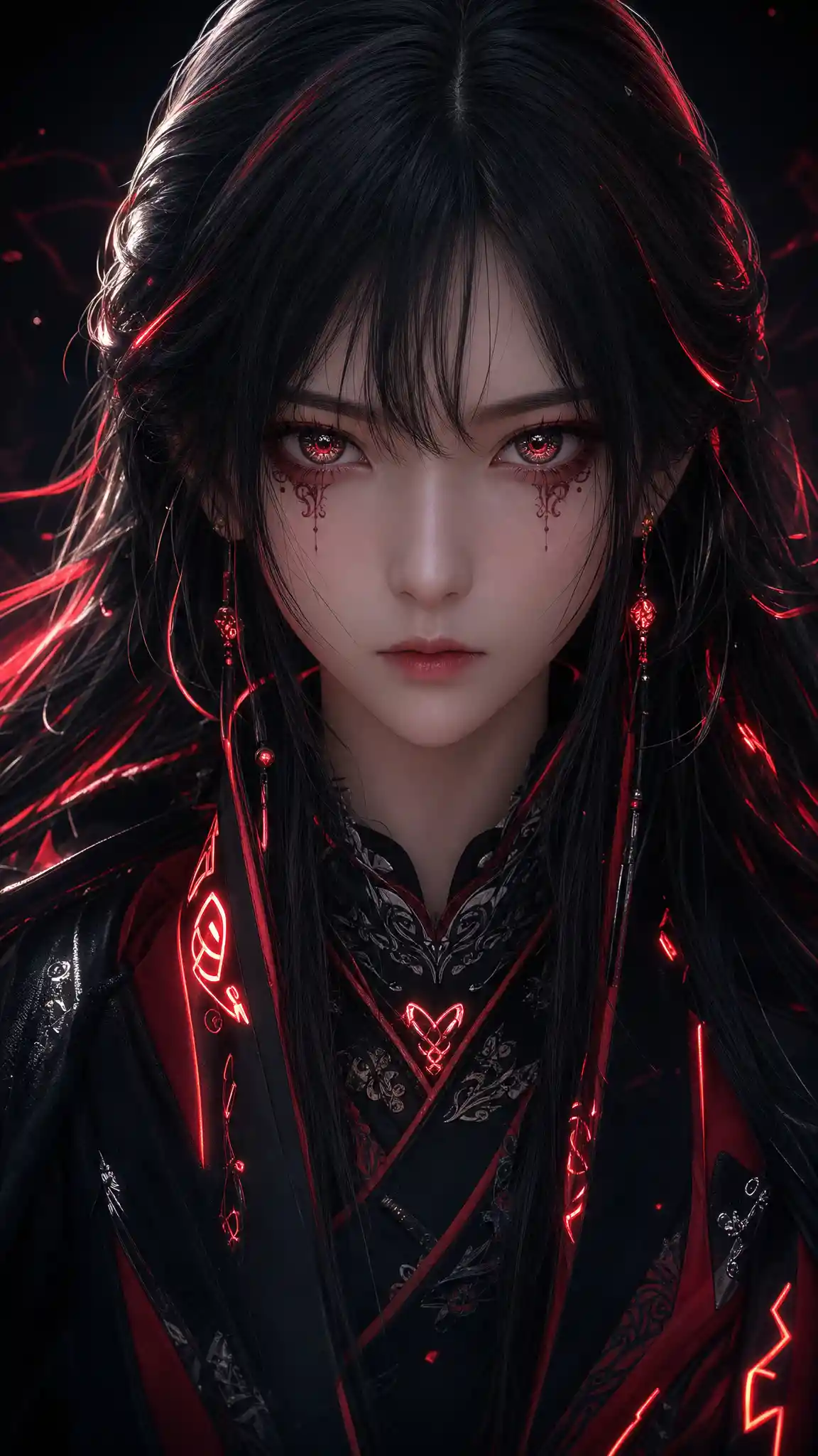 Mysterious anime girl with glowing red and black eyes