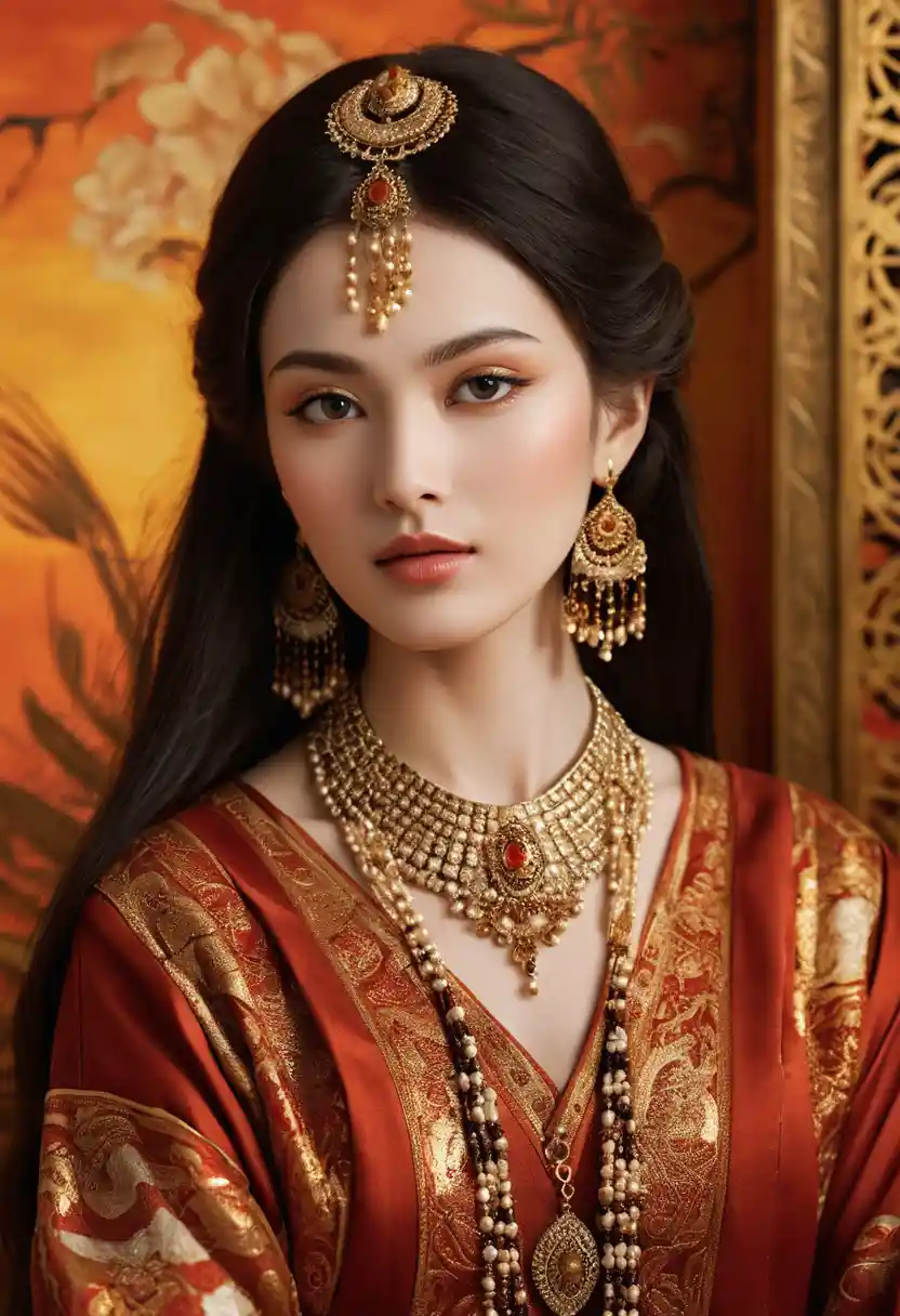 Serene oriental woman in traditional attire with gold jewelry