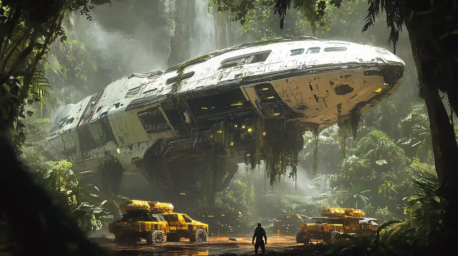 Gigantic alien supply ship unloading an outpost on jungle world