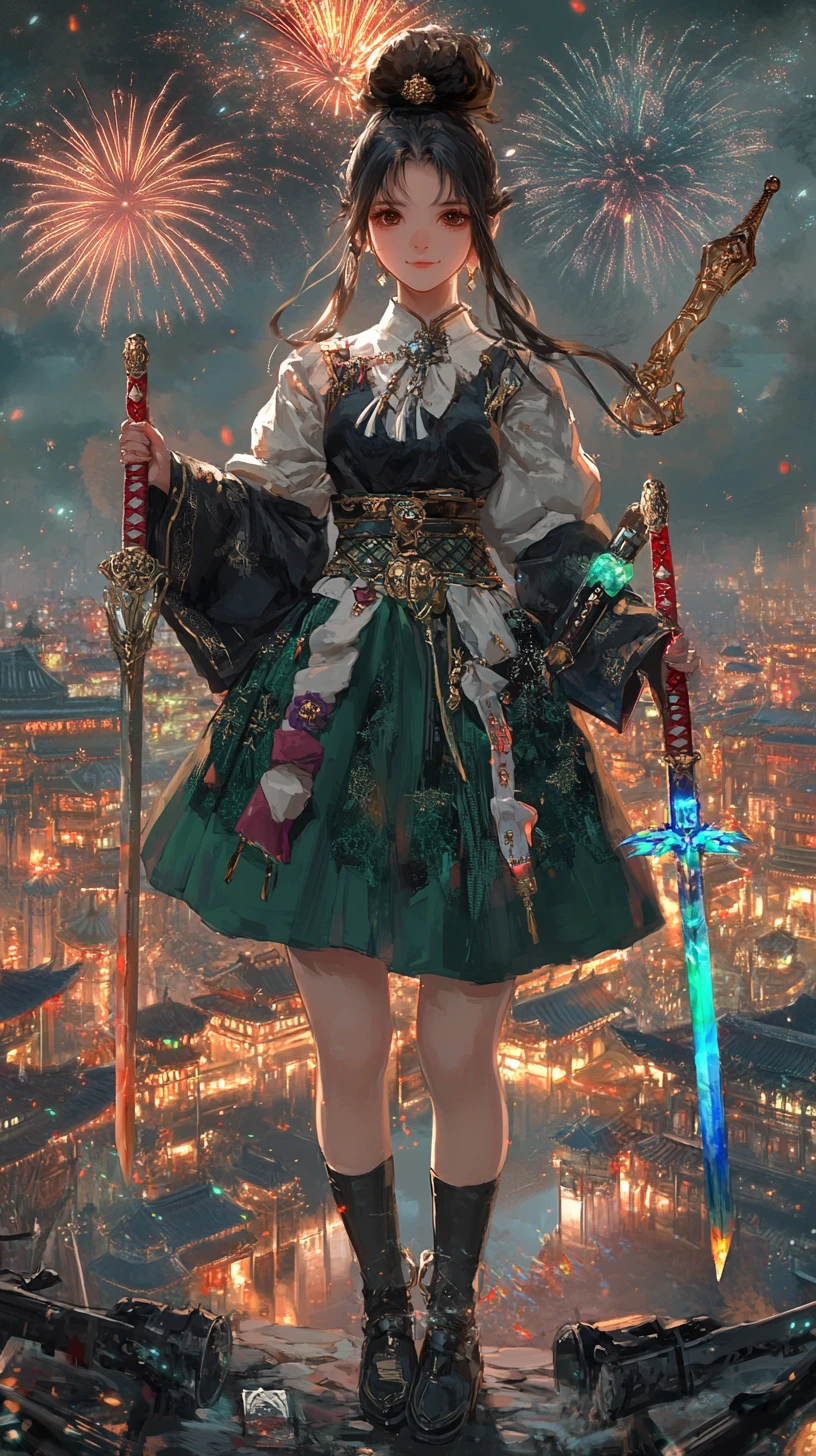 Anime girl attacking with ornate knife amid city fireworks