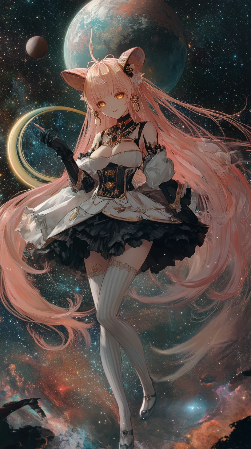 Anime girl floating in space with a colorful ringed planet