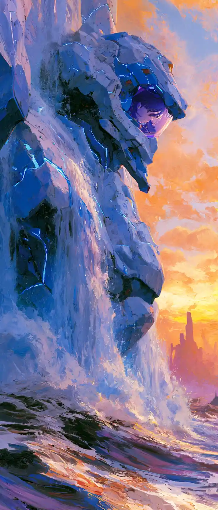Giant anime mecha rises from stormy ocean at sunset