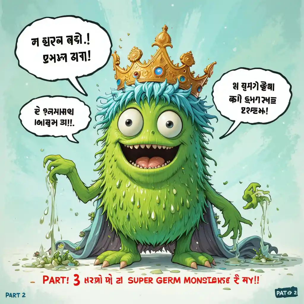 Cartoon germ monster laughing with bold comic speech bubbles