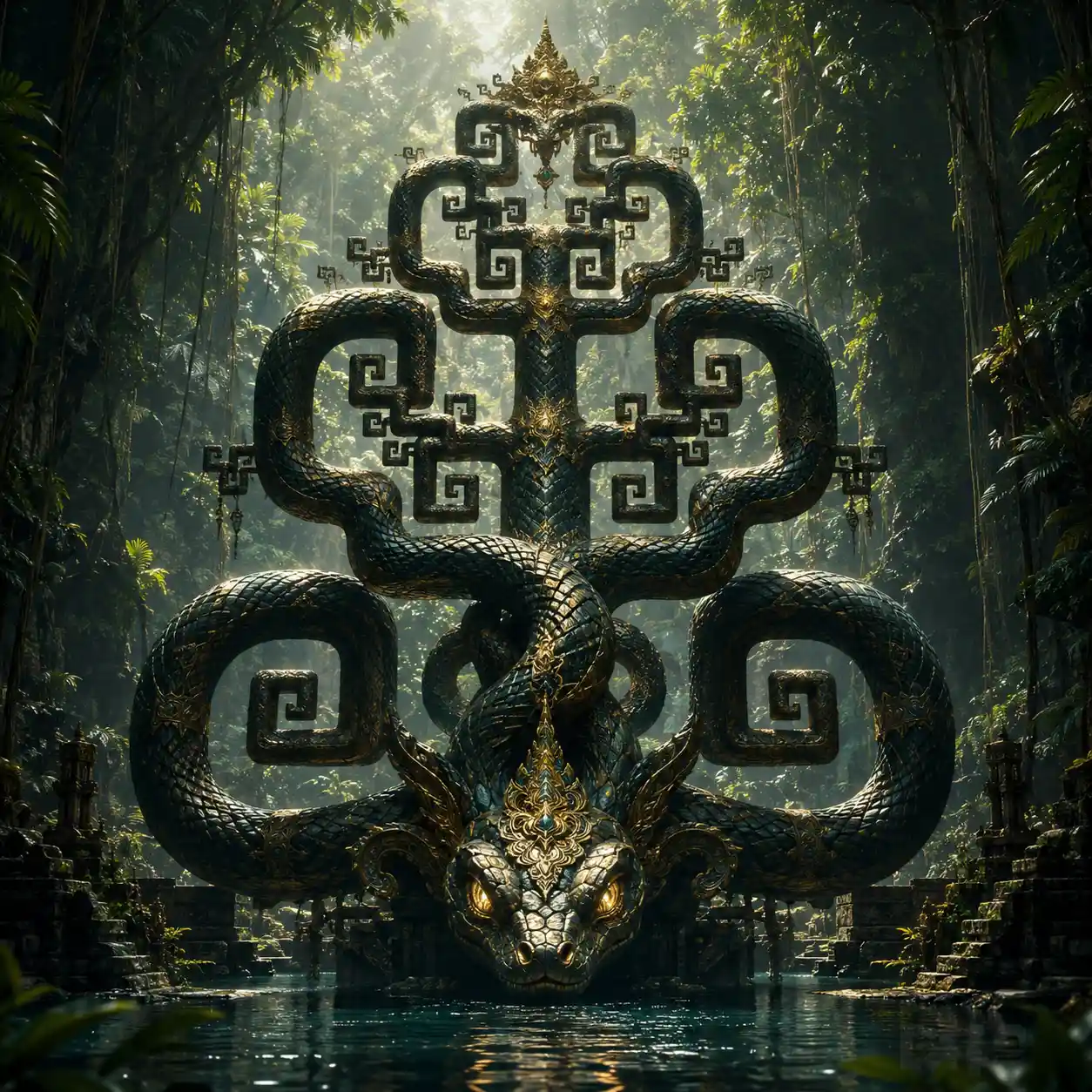 Majestic snake deity coiled in a deep jungle temple