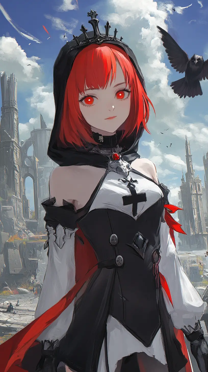 Fille d’anime avec une faux traversant un pont vers un château fantastique en ruines