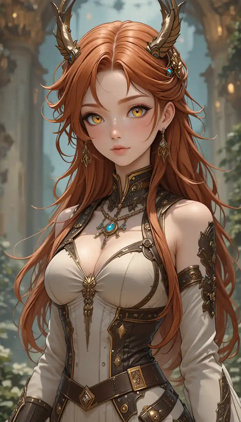 Young horned fantasy girl with braided copper hair