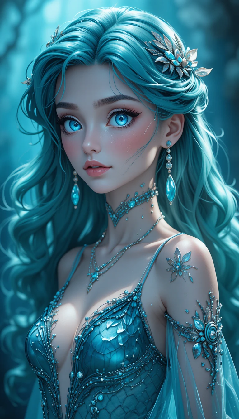 Serene anime mermaid nymph woman in flowing aquatic dress